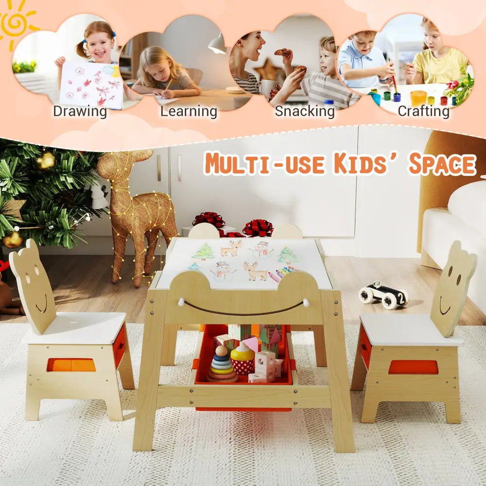 5-in-1 Toddler Table and 2 Chairs Cute Art Desk Set with Reversible Chalkboard Whiteboard-Natural - Natural - Kids