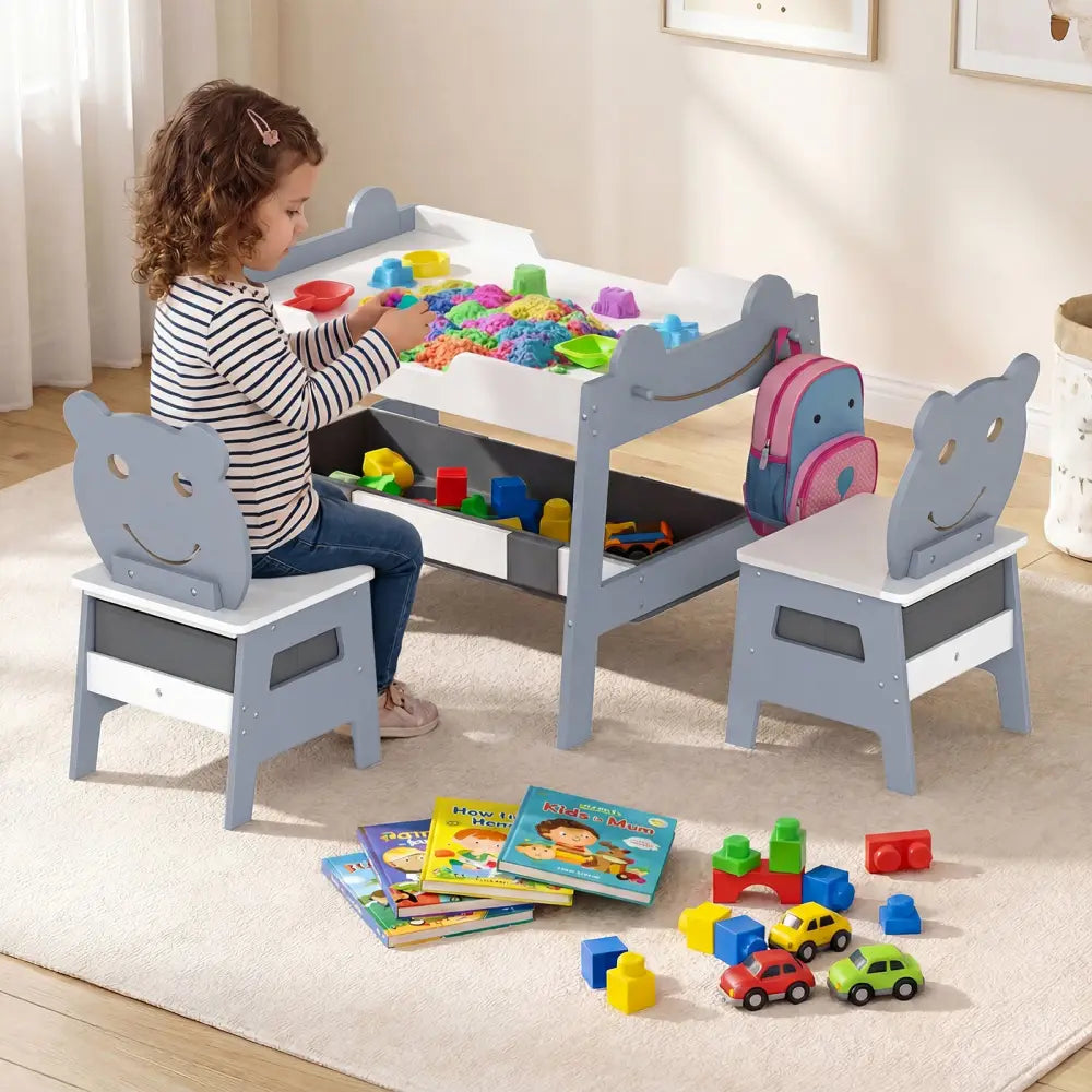 5-in-1 Toddler Table and 2 Chairs Cute Art Desk Set with Reversible Chalkboard Whiteboard-Grey - Gray - Kids Table &