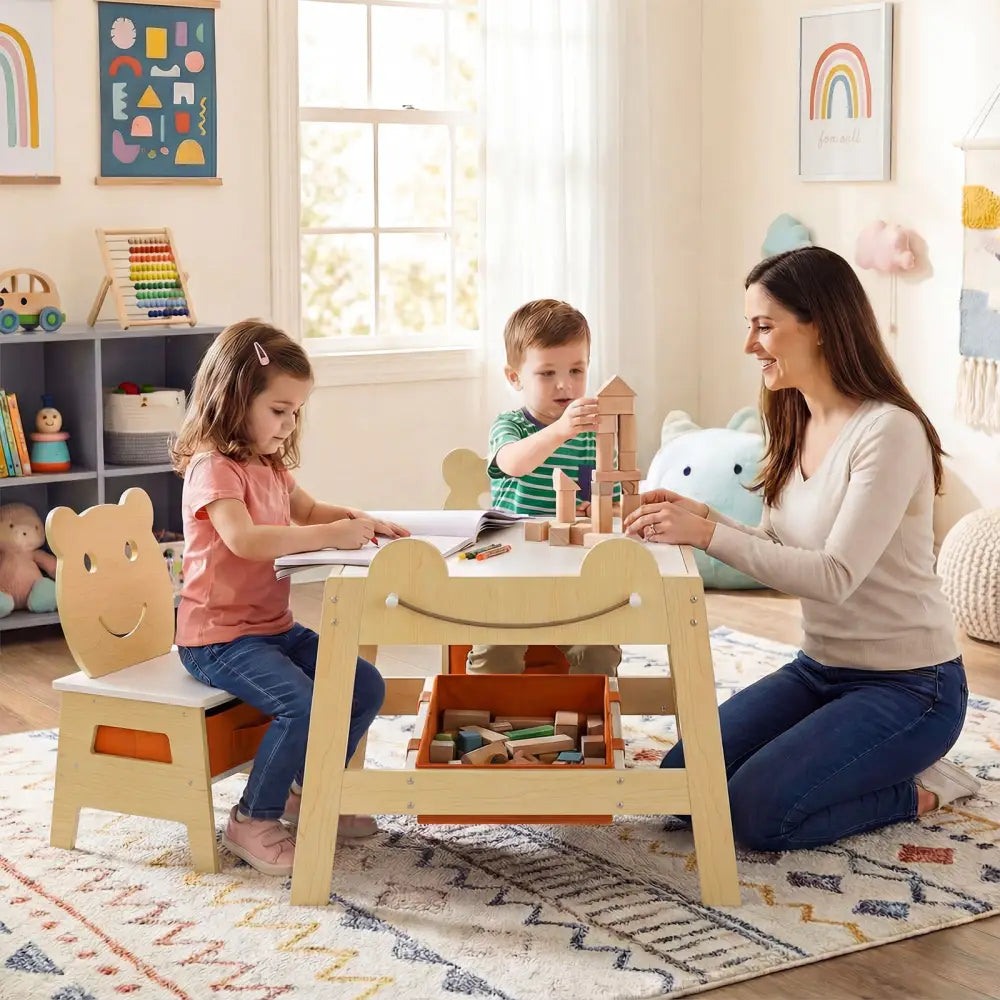 5-in-1 Toddler Table and 2 Chairs Cute Art Desk Set with Reversible Chalkboard Whiteboard-Natural - Natural - Kids