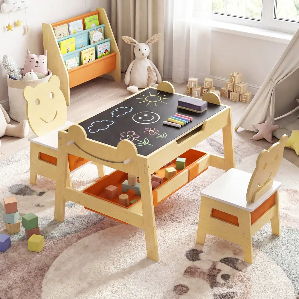 5-in-1 Toddler Table and 2 Chairs Cute Art Desk Set with Reversible Chalkboard Whiteboard-Natural - Natural - Kids