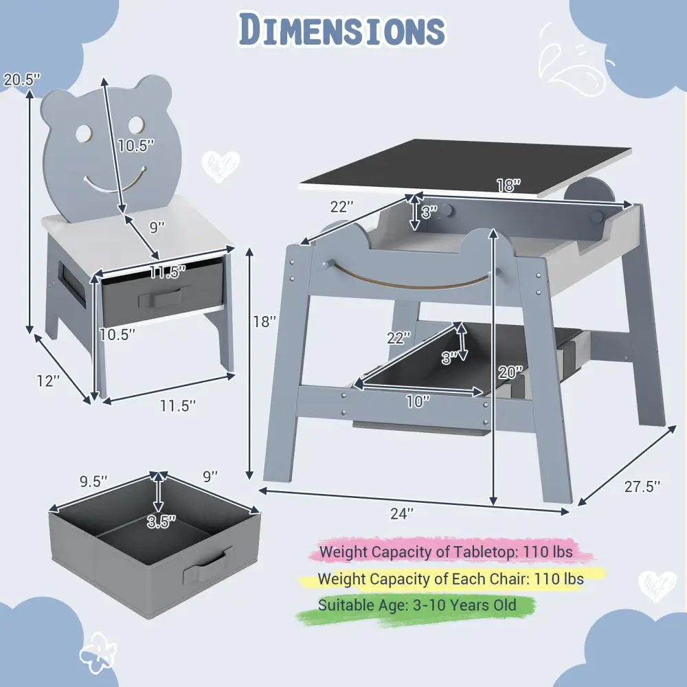 5-in-1 Toddler Table and 2 Chairs Cute Art Desk Set with Reversible Chalkboard Whiteboard-Grey - Gray - Kids Table &