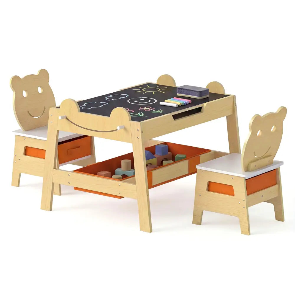 5-in-1 Toddler Table and 2 Chairs Cute Art Desk Set with Reversible Chalkboard Whiteboard-Natural - Natural - Kids
