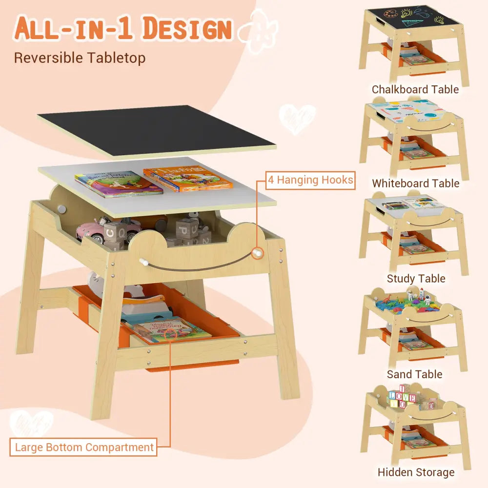 5-in-1 Toddler Table and 2 Chairs Cute Art Desk Set with Reversible Chalkboard Whiteboard-Natural - Natural - Kids