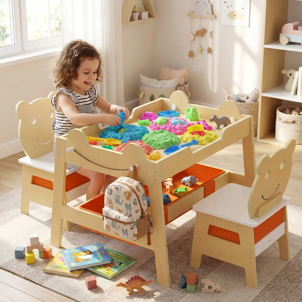 5-in-1 Toddler Table and 2 Chairs Cute Art Desk Set with Reversible Chalkboard Whiteboard-Natural - Natural - Kids