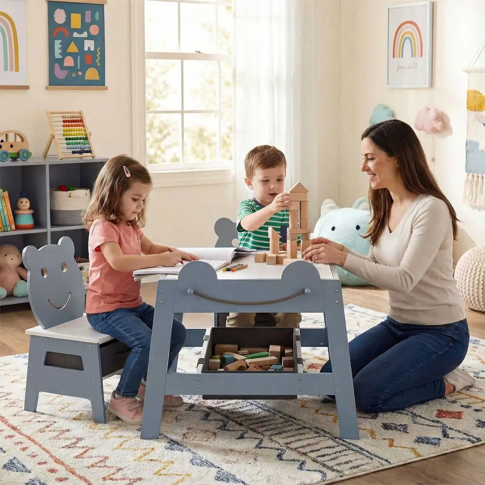 5-in-1 Toddler Table and 2 Chairs Cute Art Desk Set with Reversible Chalkboard Whiteboard-Grey - Gray - Kids Table &