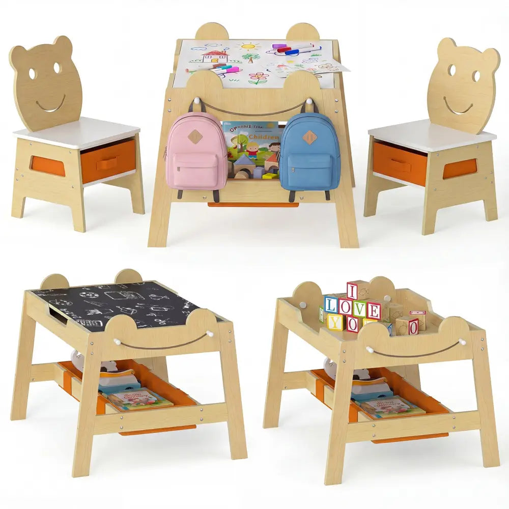 5-in-1 Toddler Table and 2 Chairs Cute Art Desk Set with Reversible Chalkboard Whiteboard-Natural - Natural - Kids