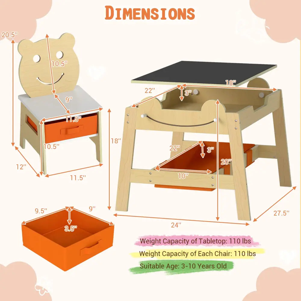 5-in-1 Toddler Table and 2 Chairs Cute Art Desk Set with Reversible Chalkboard Whiteboard-Natural - Natural - Kids