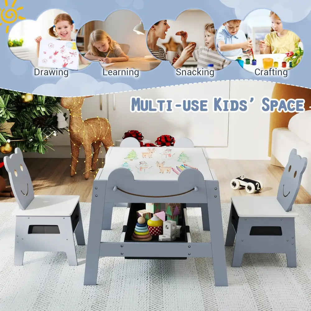 5-in-1 Toddler Table and 2 Chairs Cute Art Desk Set with Reversible Chalkboard Whiteboard-Grey - Gray - Kids Table &