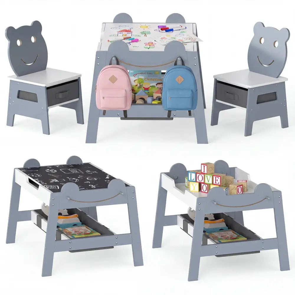 5-in-1 Toddler Table and 2 Chairs Cute Art Desk Set with Reversible Chalkboard Whiteboard-Grey - Gray - Kids Table &