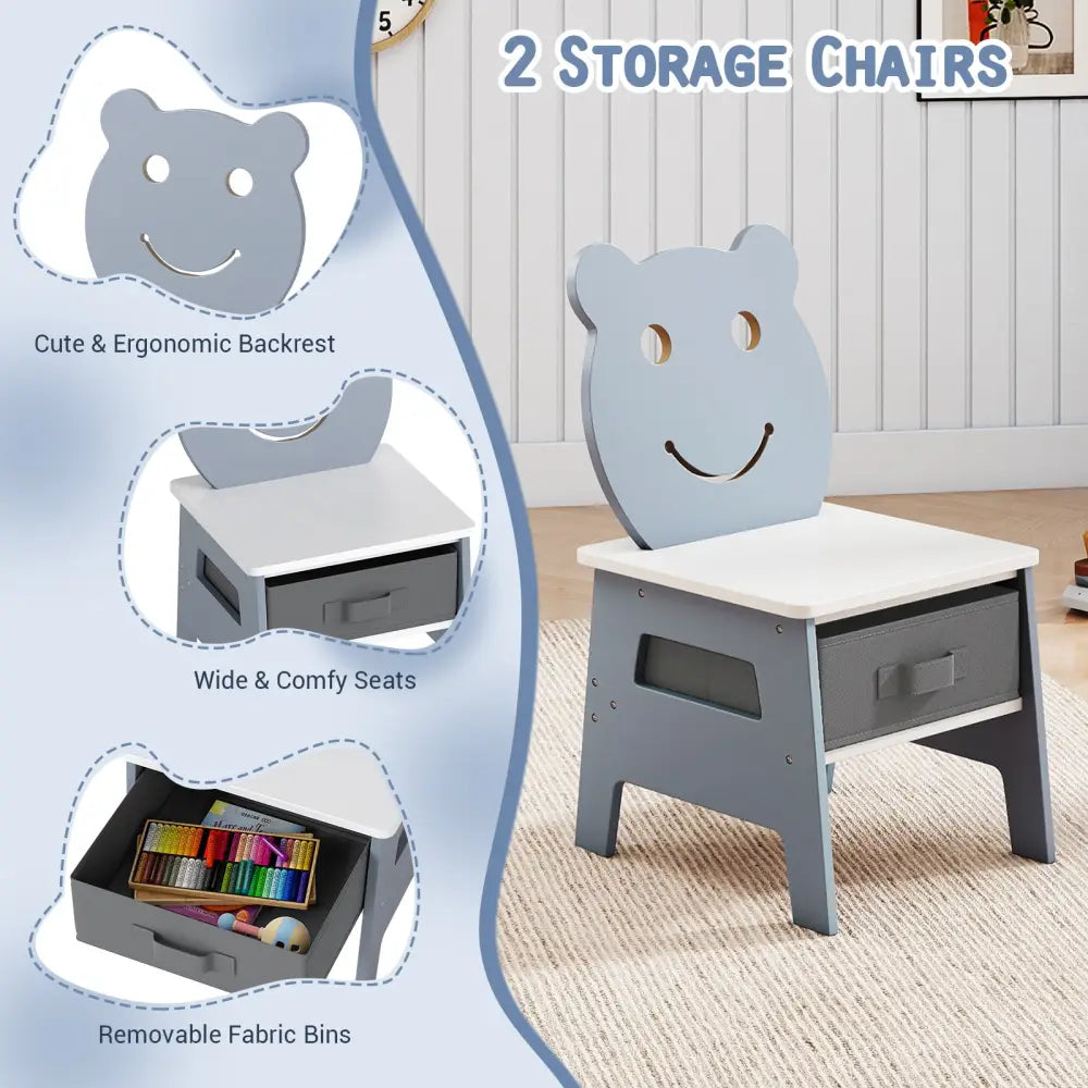 5-in-1 Toddler Table and 2 Chairs Cute Art Desk Set with Reversible Chalkboard Whiteboard-Grey - Gray - Kids Table &