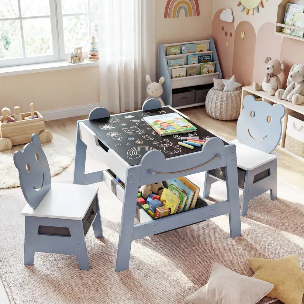 5-in-1 Toddler Table and 2 Chairs Cute Art Desk Set with Reversible Chalkboard Whiteboard-Grey - Gray - Kids Table &