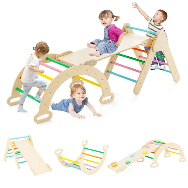 5-in-1 Wooden Kids Climber Toys with Triangle Arch Ramp-Multicolor - Multicolor - Climbers & Slides
