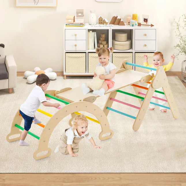 5-in-1 Wooden Kids Climber Toys with Triangle Arch Ramp-Multicolor - Multicolor - Climbers & Slides