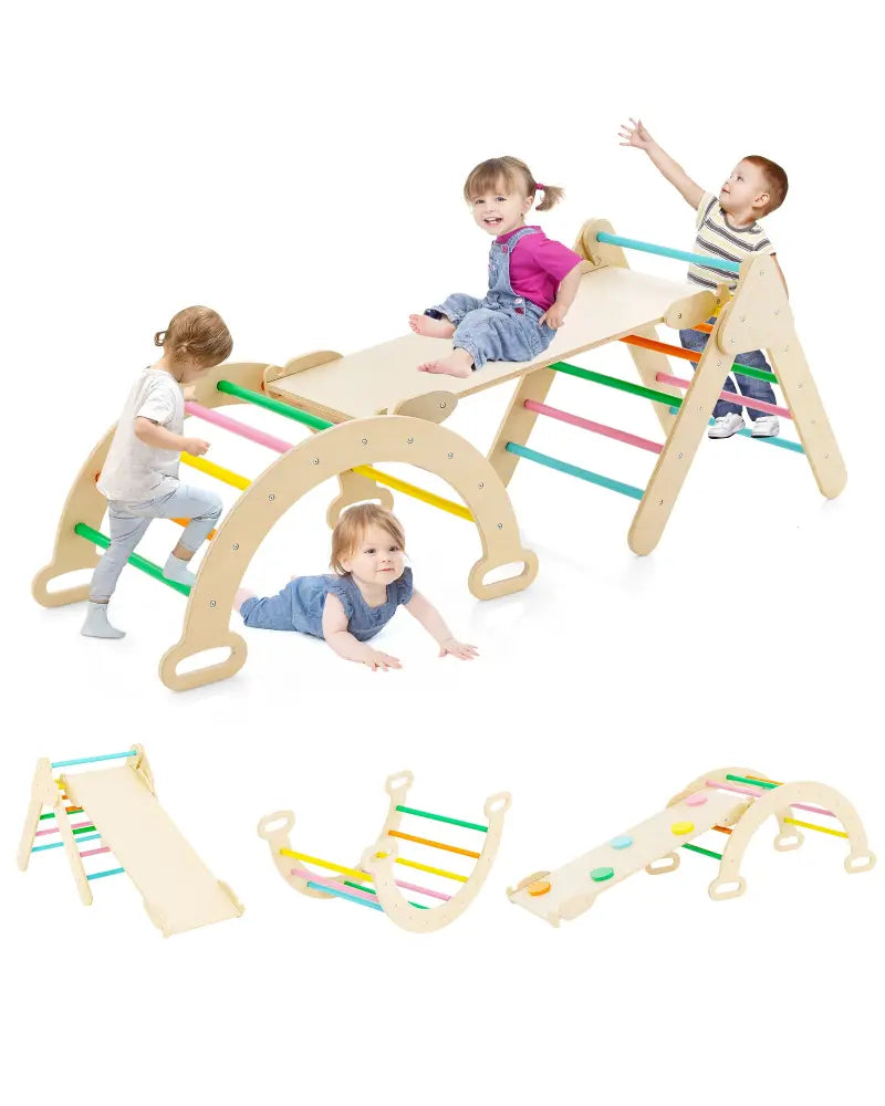 5-in-1 Wooden Kids Climber Toys with Triangle Arch Ramp-Multicolor - Multicolor - Climbers & Slides