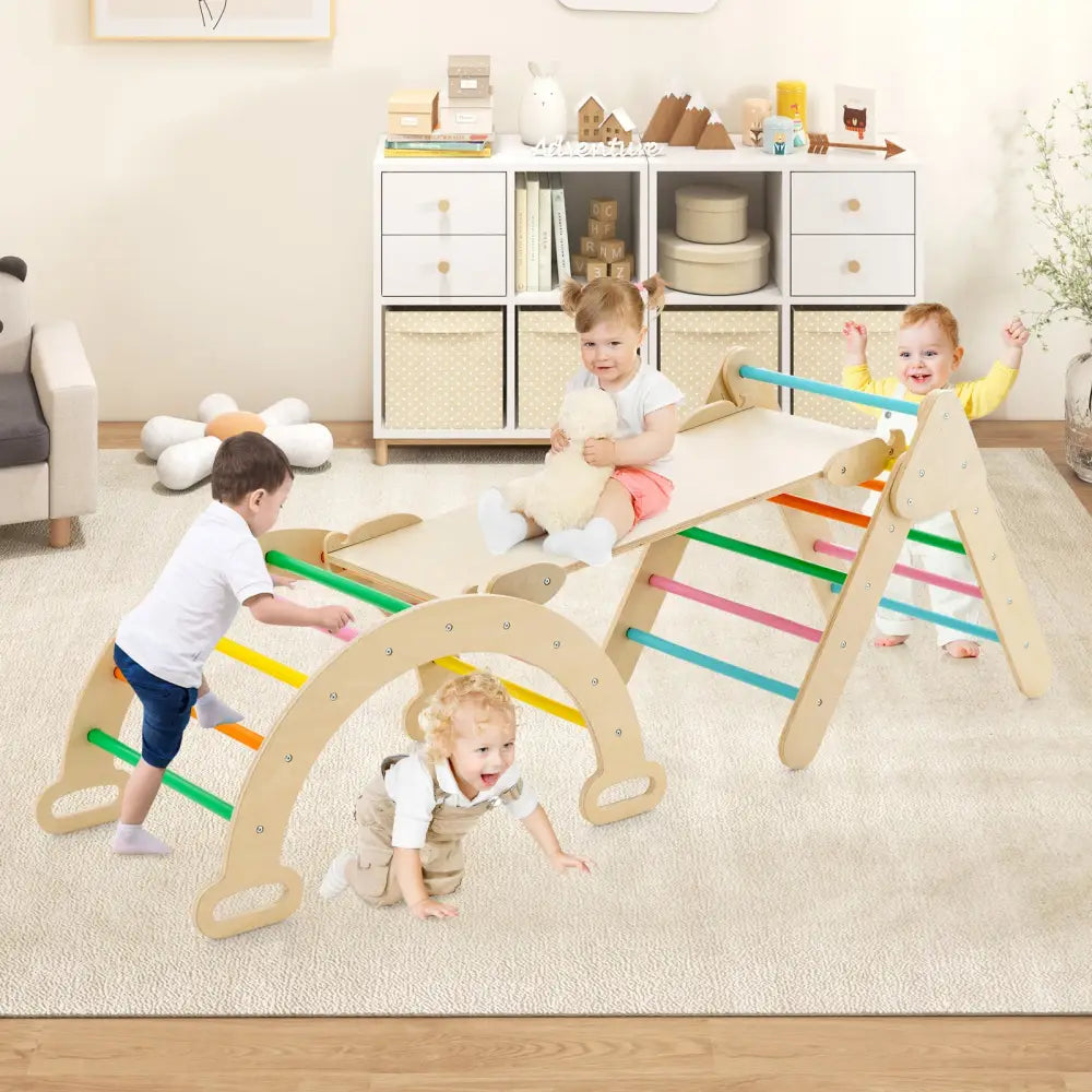 5-in-1 Wooden Kids Climber Toys with Triangle Arch Ramp-Multicolor - Multicolor - Climbers & Slides