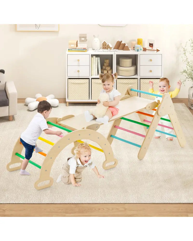 5-in-1 Wooden Kids Climber Toys with Triangle Arch Ramp-Multicolor - Multicolor - Climbers & Slides