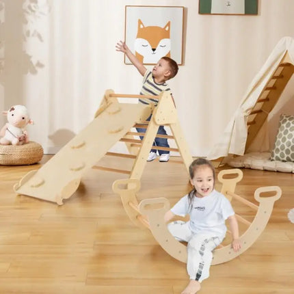 5 - in - 1 Wooden Kids Climber Toys with Triangle Arch Ramp - Natural - Oasis Home Essentials