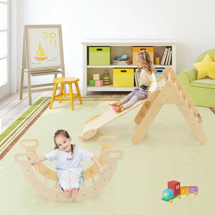 5 - in - 1 Wooden Kids Climber Toys with Triangle Arch Ramp - Natural - Oasis Home Essentials