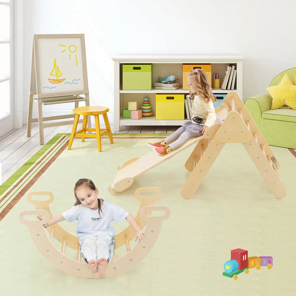 5-in-1 Wooden Kids Climber Toys with Triangle Arch Ramp-Natural - Natural - Climbers & Slides