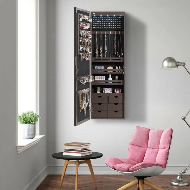 5 LEDs Lockable Mirror Jewelry Cabinet Armoire with 6 Drawers-Coffee Costway