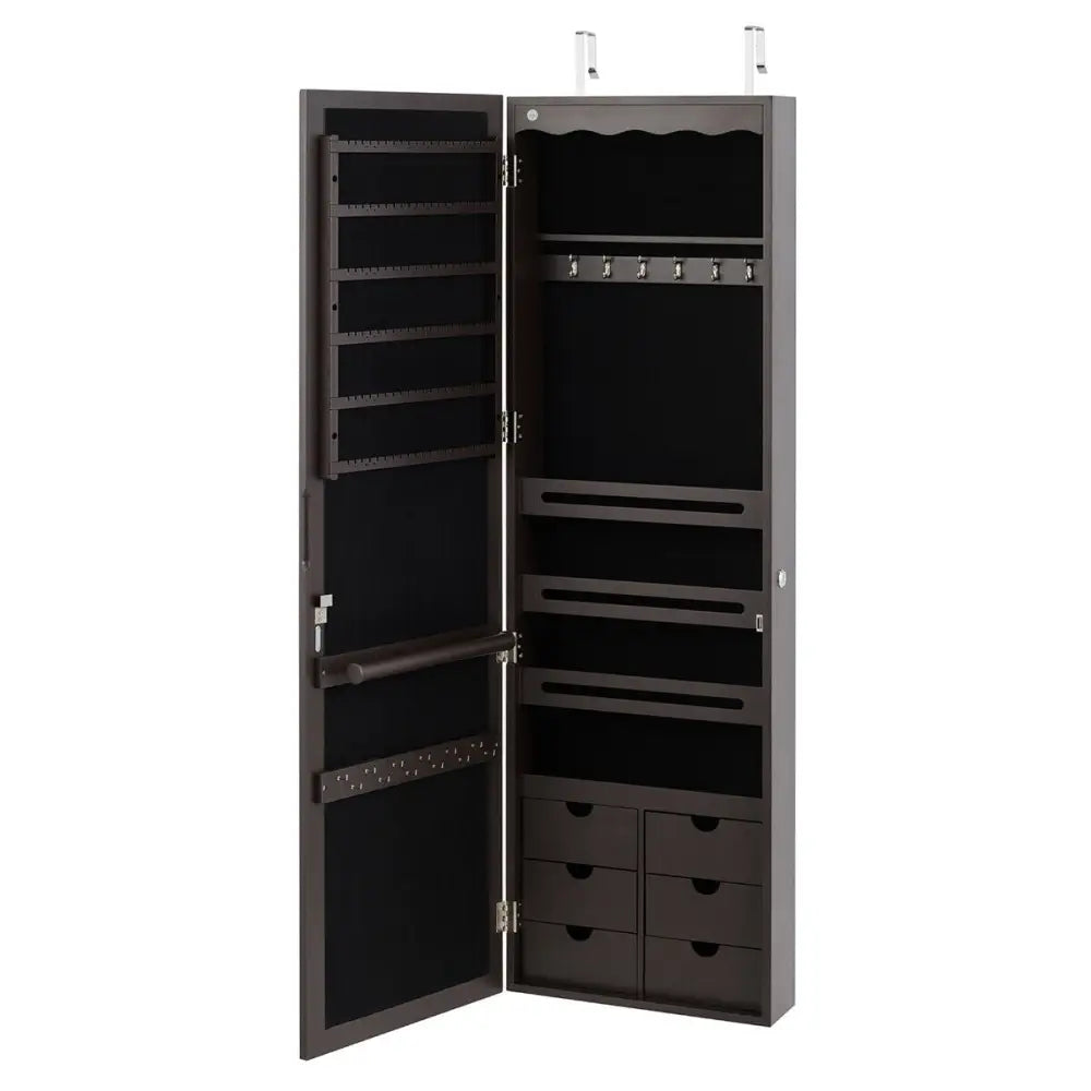 5 LEDs Lockable Mirror Jewelry Cabinet Armoire with 6 Drawers-Coffee Costway