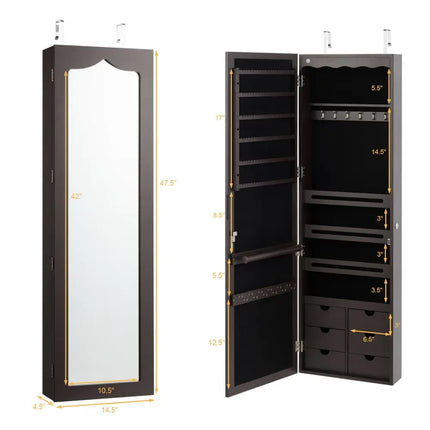 5 LEDs Lockable Mirror Jewelry Cabinet Armoire with 6 Drawers-Coffee Costway