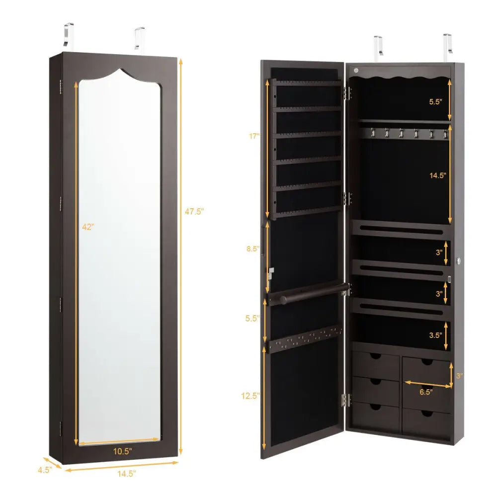 5 LEDs Lockable Mirror Jewelry Cabinet Armoire with 6 Drawers-Coffee Costway