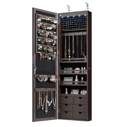 5 LEDs Lockable Mirror Jewelry Cabinet Armoire with 6 Drawers-Coffee Costway