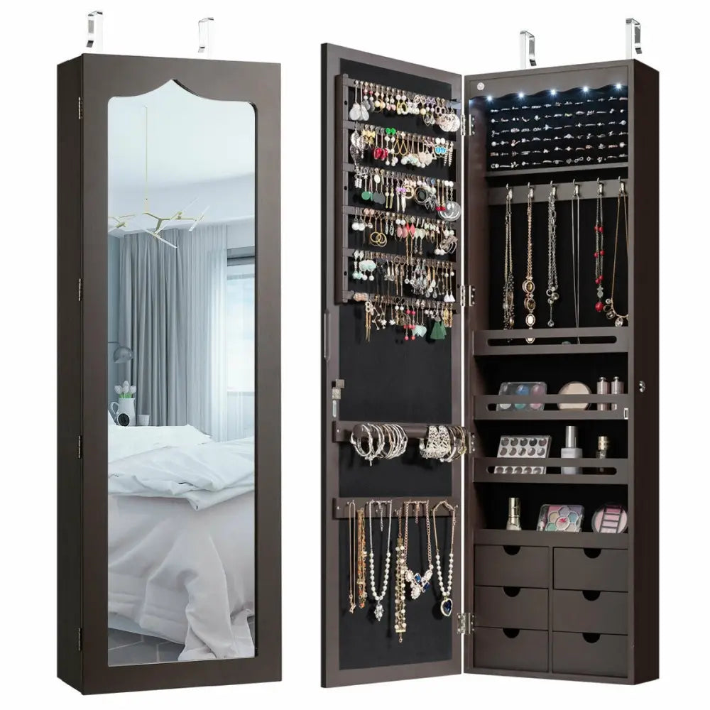 5 LEDs Lockable Mirror Jewelry Cabinet Armoire with 6 Drawers-Coffee Costway
