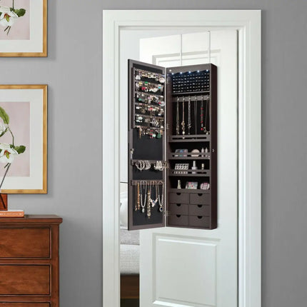 5 LEDs Lockable Mirror Jewelry Cabinet Armoire with 6 Drawers-Coffee Costway
