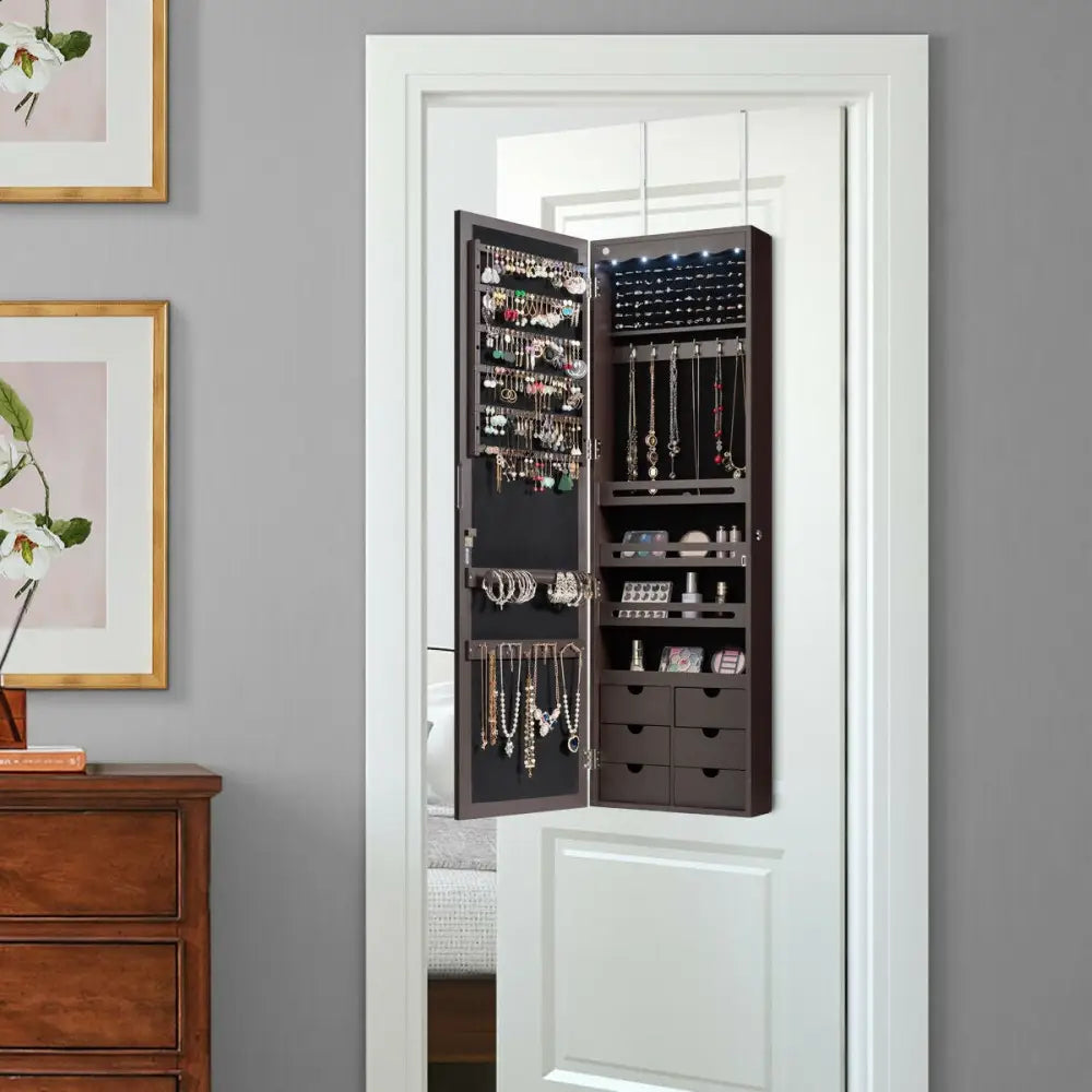 5 LEDs Lockable Mirror Jewelry Cabinet Armoire with 6 Drawers-Coffee Costway