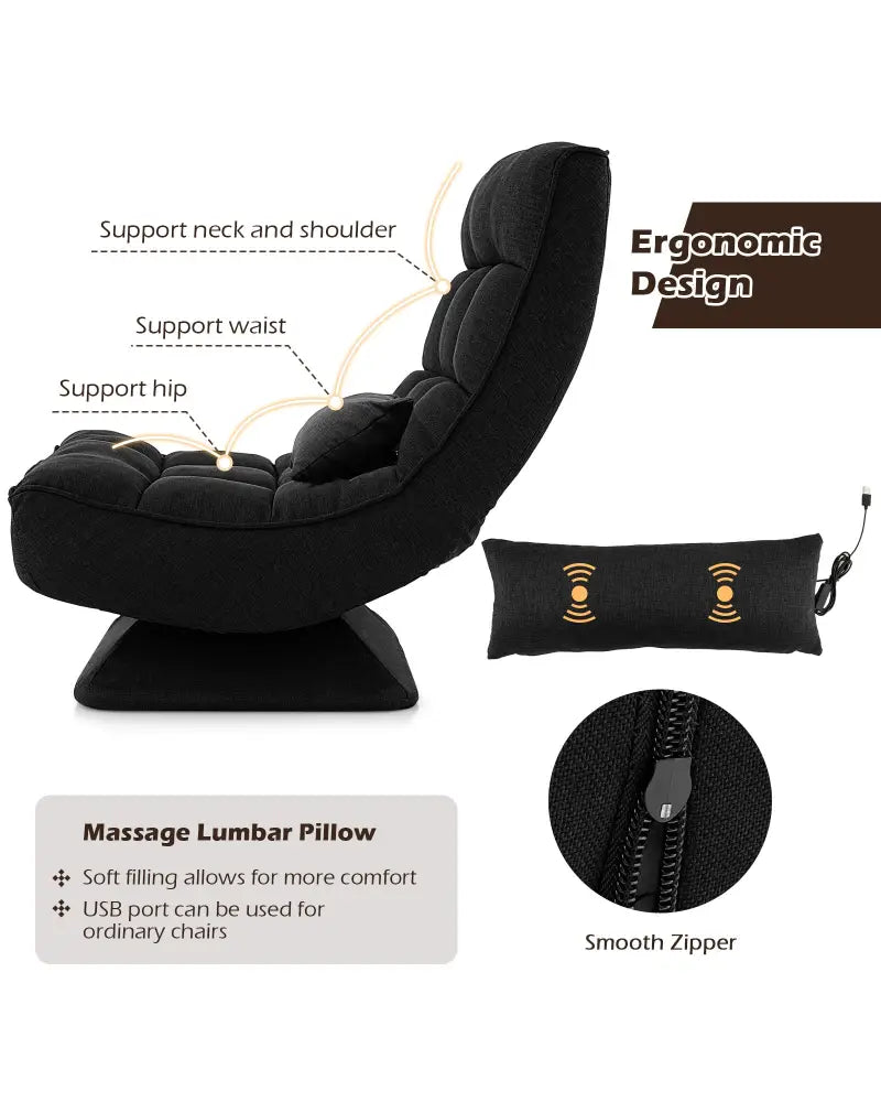 5-Level Adjustable 360Â° Swivel Floor Chair with Massage Pillow-Black - Black - Floor Chairs