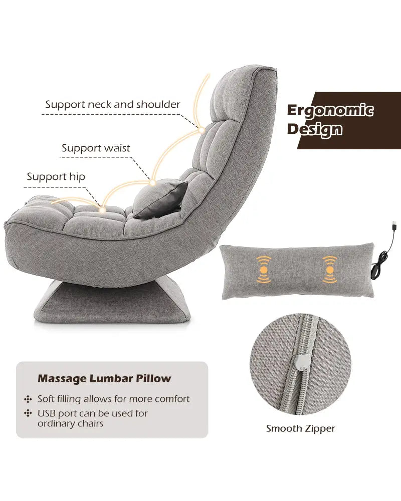 5-Level Adjustable 360Â° Swivel Floor Chair with Massage Pillow-Gray - Gray - Floor Chairs