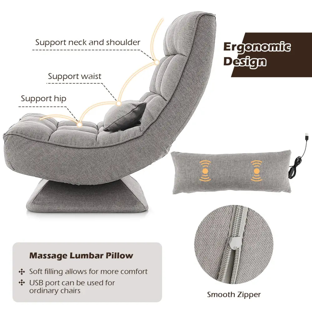 5-Level Adjustable 360Â° Swivel Floor Chair with Massage Pillow-Gray - Gray - Floor Chairs
