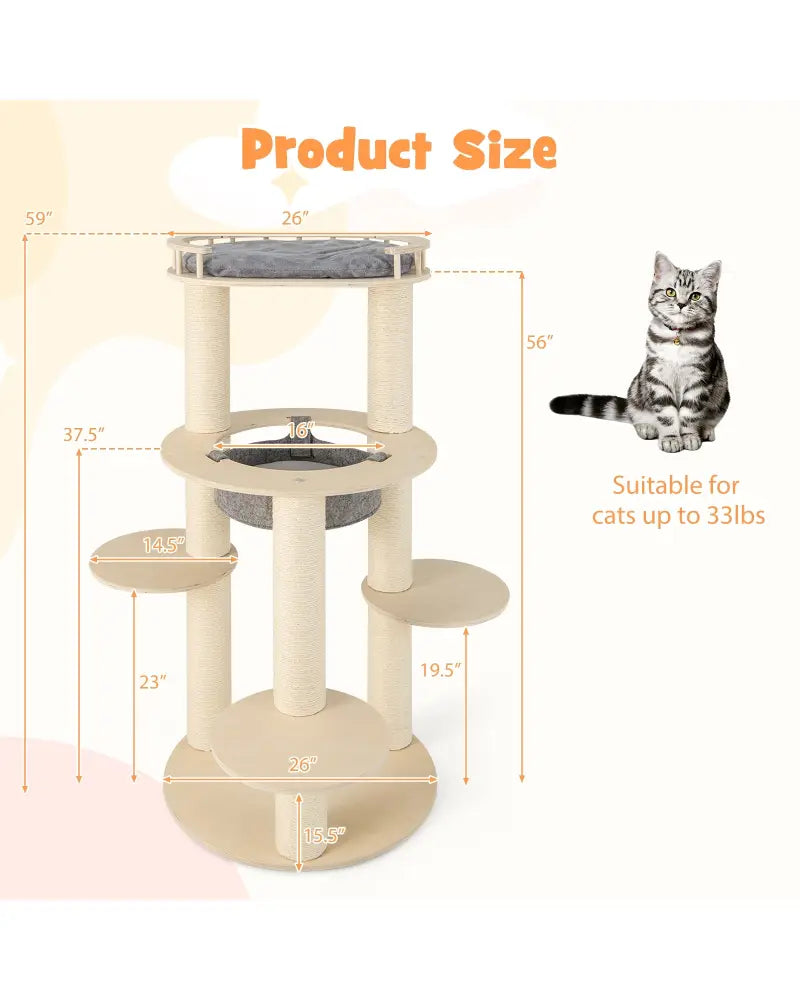5-level Wooden Cat Tree with Padded Perch Non-woven Hammock-Gray - Gray - Cat Trees Condos & Scratchers