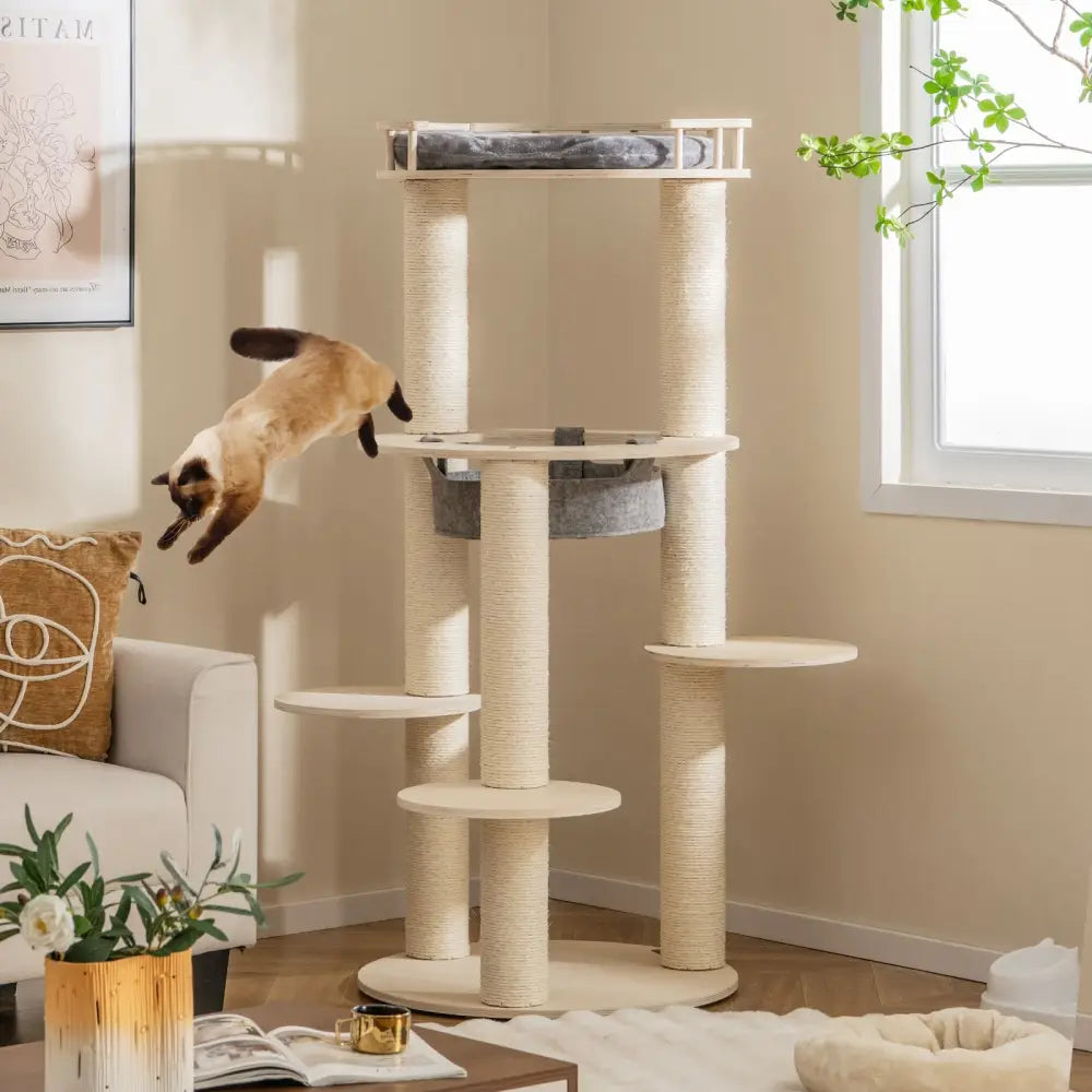 5-level Wooden Cat Tree with Padded Perch Non-woven Hammock-Gray - Gray - Cat Trees Condos & Scratchers