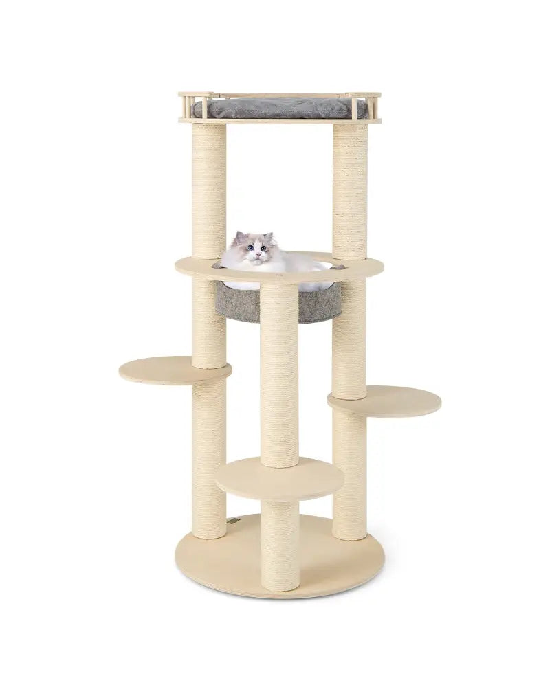 5-level Wooden Cat Tree with Padded Perch Non-woven Hammock-Gray - Gray - Cat Trees Condos & Scratchers