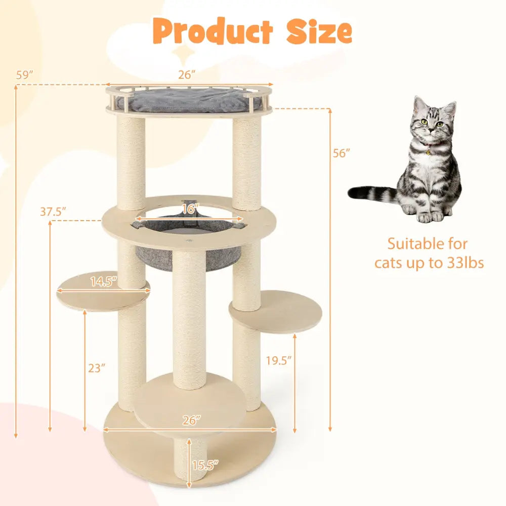 5-level Wooden Cat Tree with Padded Perch Non-woven Hammock-Gray - Gray - Cat Trees Condos & Scratchers