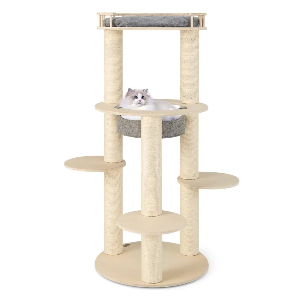 5-level Wooden Cat Tree with Padded Perch Non-woven Hammock-Gray - Gray - Cat Trees Condos & Scratchers