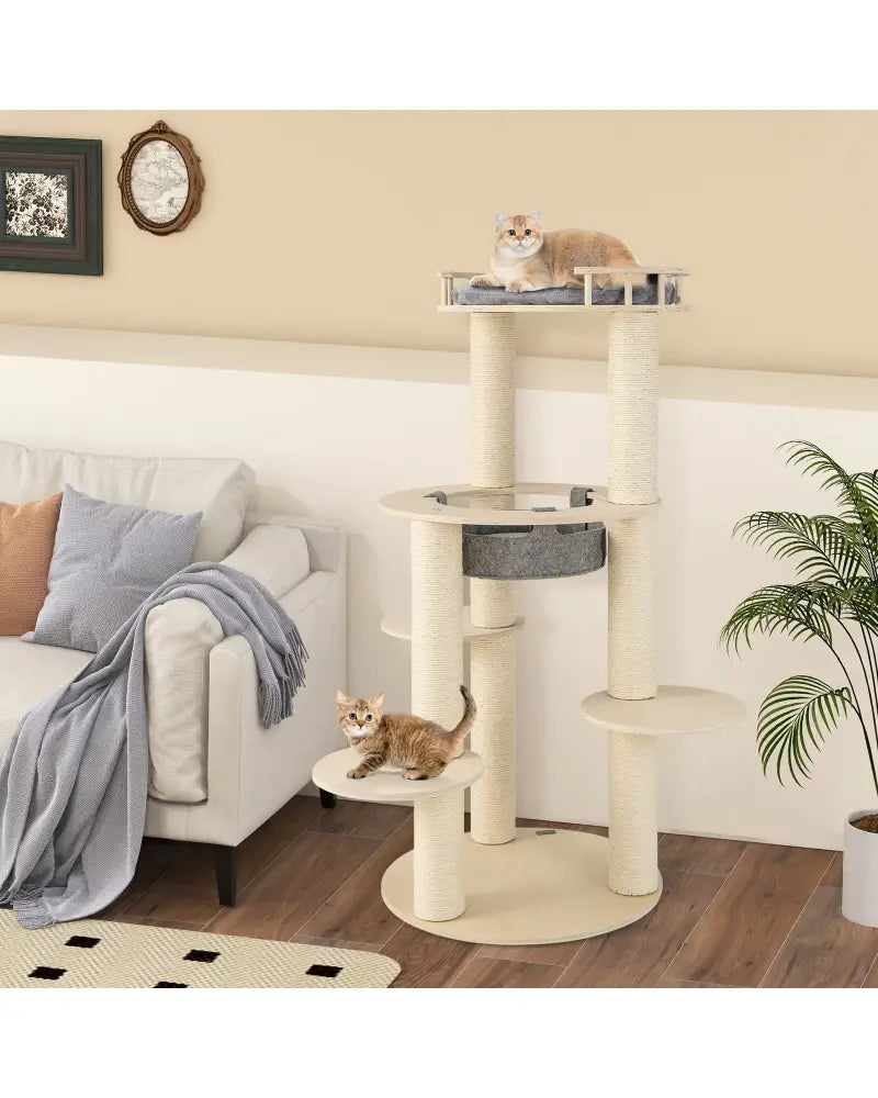 5-level Wooden Cat Tree with Padded Perch Non-woven Hammock-Gray - Gray - Cat Trees Condos & Scratchers