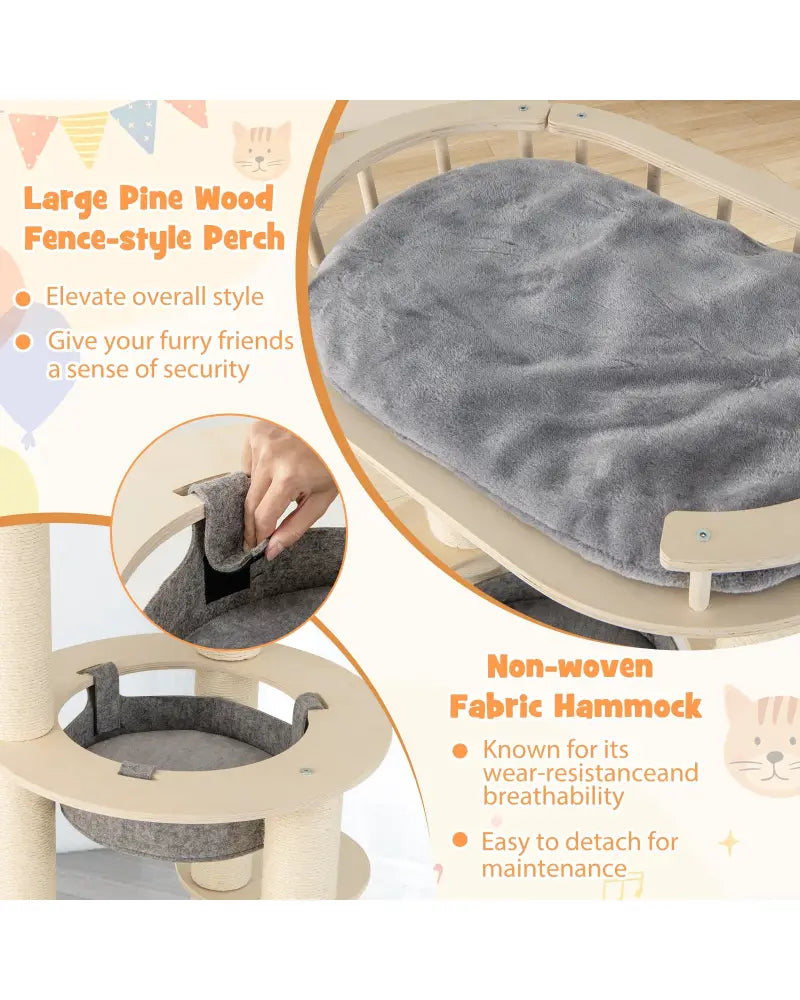 5-level Wooden Cat Tree with Padded Perch Non-woven Hammock-Gray - Gray - Cat Trees Condos & Scratchers