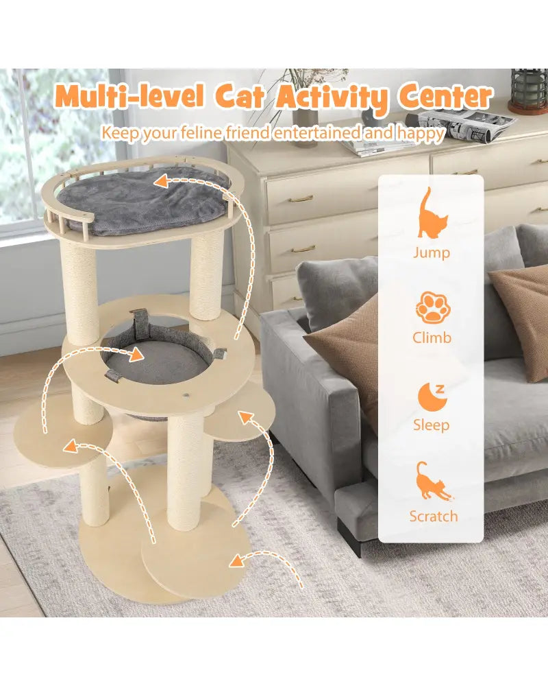 5-level Wooden Cat Tree with Padded Perch Non-woven Hammock-Gray - Gray - Cat Trees Condos & Scratchers