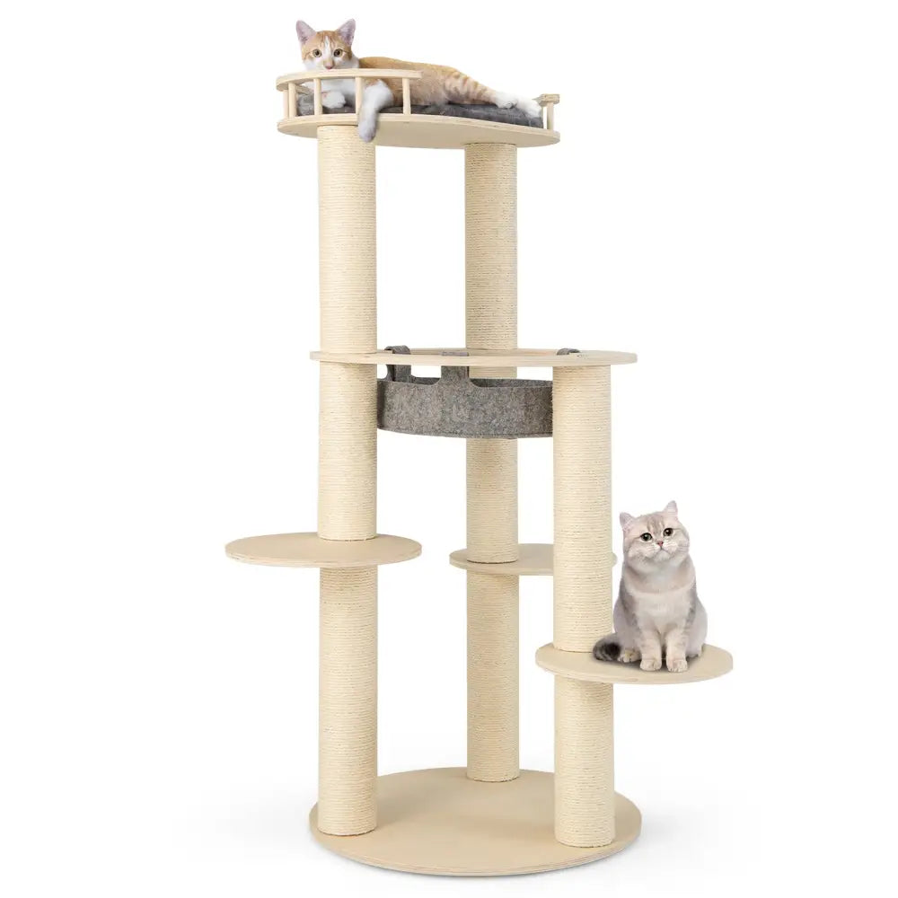 5-level Wooden Cat Tree with Padded Perch Non-woven Hammock-Gray - Gray - Cat Trees Condos & Scratchers