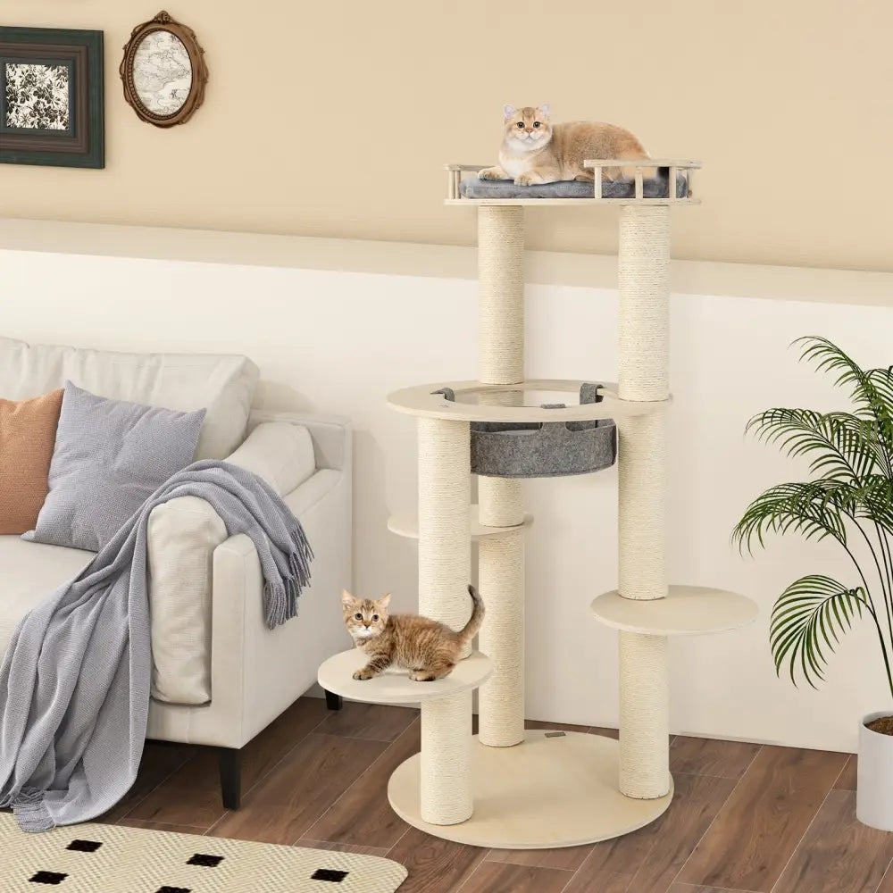 5-level Wooden Cat Tree with Padded Perch Non-woven Hammock-Gray - Gray - Cat Trees Condos & Scratchers