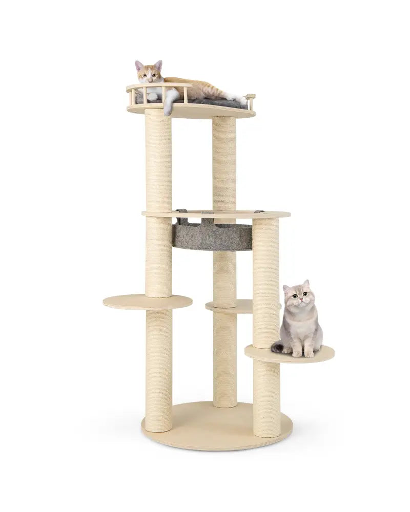 5-level Wooden Cat Tree with Padded Perch Non-woven Hammock-Gray - Gray - Cat Trees Condos & Scratchers