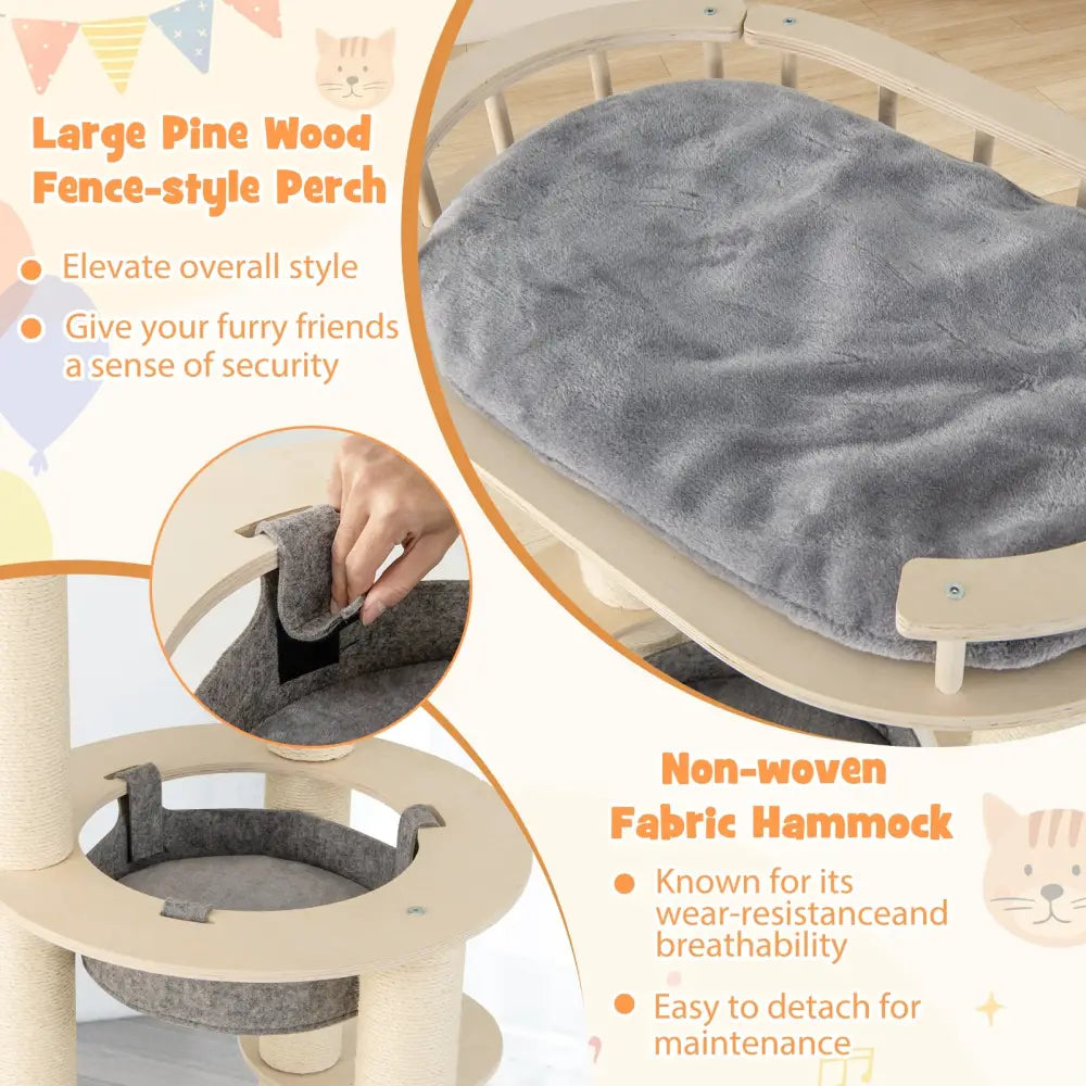 5-level Wooden Cat Tree with Padded Perch Non-woven Hammock-Gray - Gray - Cat Trees Condos & Scratchers