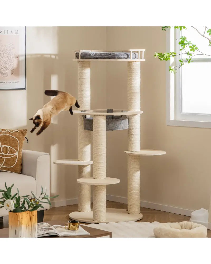 5-level Wooden Cat Tree with Padded Perch Non-woven Hammock-Gray - Gray - Cat Trees Condos & Scratchers