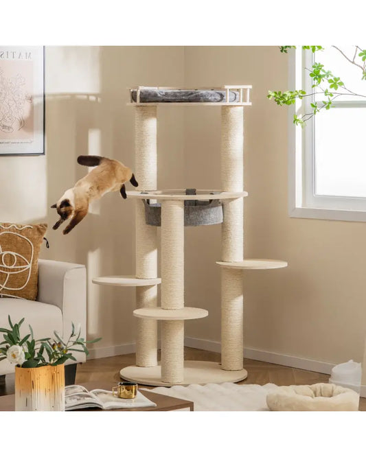 5-level Wooden Cat Tree with Padded Perch Non-woven Hammock-Gray - Gray - Cat Trees Condos & Scratchers