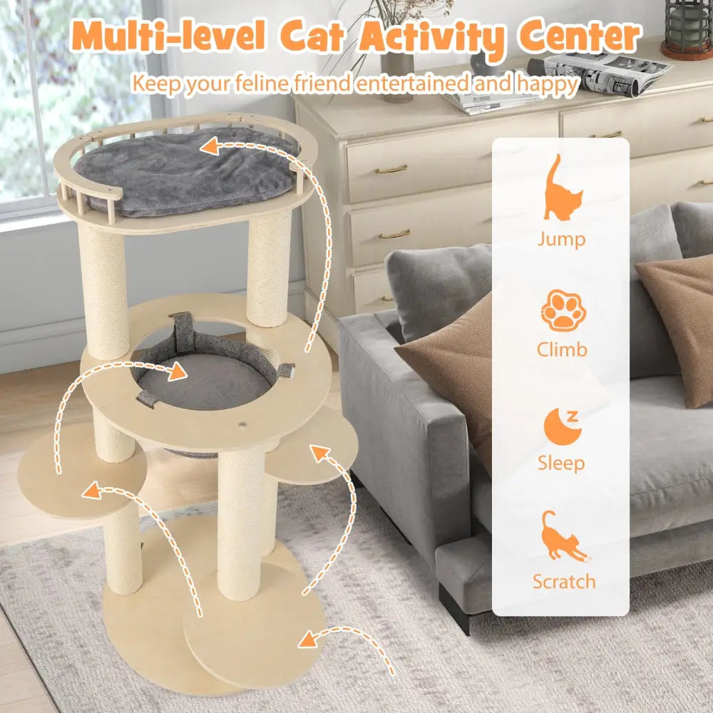 5-level Wooden Cat Tree with Padded Perch Non-woven Hammock-Gray - Gray - Cat Trees Condos & Scratchers