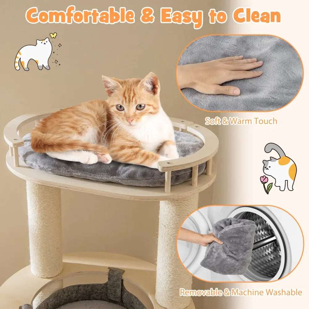 5-level Wooden Cat Tree with Padded Perch Non-woven Hammock-Gray - Gray - Cat Trees Condos & Scratchers